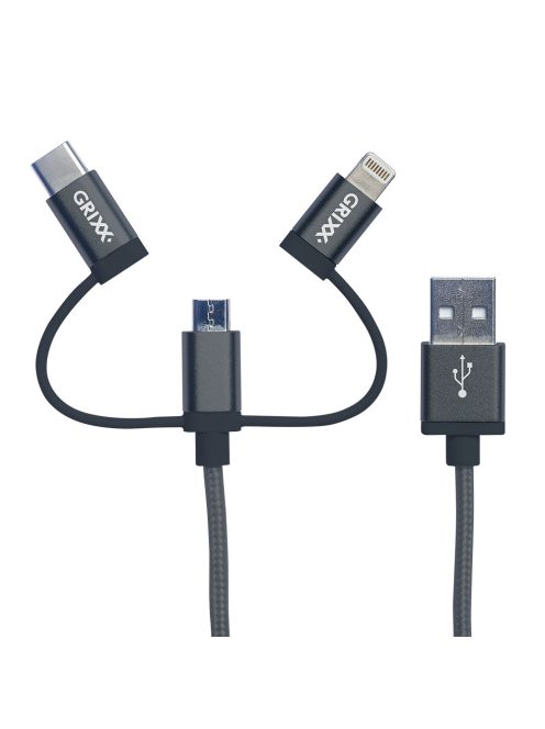 GRIXX OPTIMUM CABLE - 3 az 1-ben Micro USB / Type C / 8-pin Apple MFI licensz kábel 1m szürke