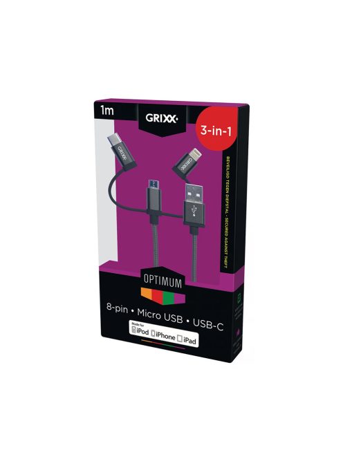 GRIXX OPTIMUM CABLE - 3 az 1-ben Micro USB / Type C / 8-pin Apple MFI licensz kábel 1m szürke