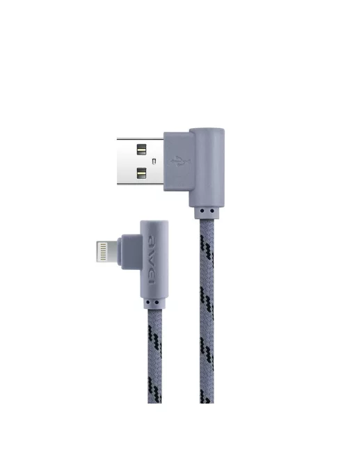 AWEI CL-91 - USB - Lightning kábel, fonott, oldalirányú műa. fejrésszel 1M - Szürke