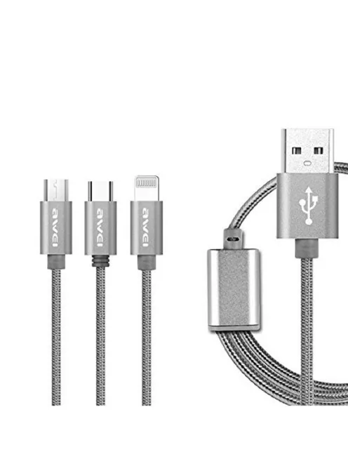 AWEI CL-970 - 3 az 1-ben szövetborítású töltőkábel Type-C, Lightning, micro USB fejekkel - Arany