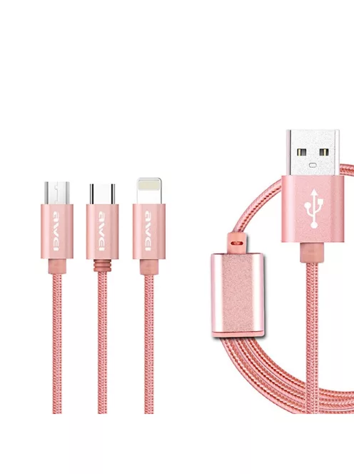 AWEI CL-970 - 3 az 1-ben szövetborítású töltőkábel Type-C, Lightning, micro USB fejekkel - Rózsaara