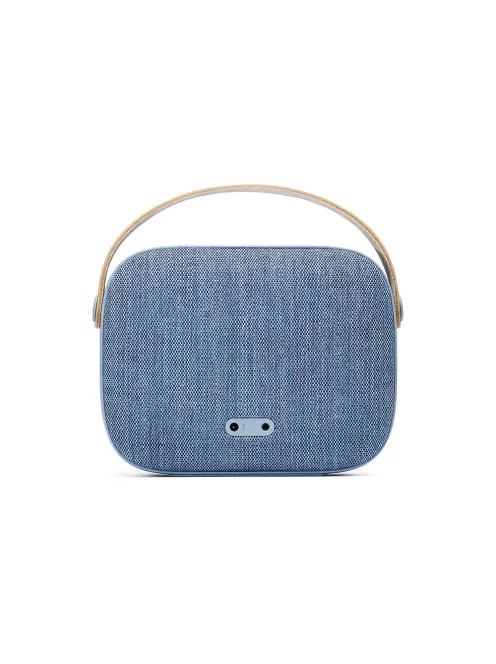 VIFA HELSINKI - Hordozható premium bluetooth sztereó hangszóró valódi bőr hordszíjjal, "KVADRAT" textilborítással - Akvamarinkék