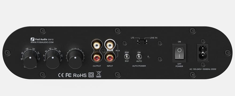Fosi Audio SW10 LFE és RCA csatlakozók